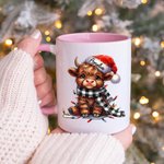 Vaca de las Highlands personalizada Sombrero de Navidad 11oz Taza de cerámica Posavasos con nombre Regalo de Navidad para los amantes de las vacas de 
