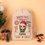 Gepersonaliseerde North Pole Special Overnight Service Cartoon Drawstring Santa Sack Kerst Gift Bag met naam Holiday Party Favors voor kinderen familie