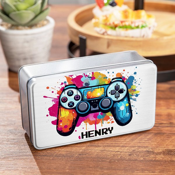Personalized Splash-Ink Gamepad Design Biscuit Tin Storage Box with Name Birthday Gift for Kids Game Lover