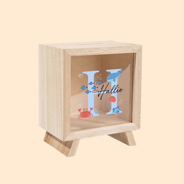 Personalizzato carino balena tartaruga marina pesce palla tema oceano chiaro salvadanaio in legno con iniziale e nome regalo di compleanno per ragazzi ragazze