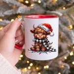 Vaca de las Highlands personalizada Sombrero de Navidad 11oz Taza de cerámica Posavasos con nombre Regalo de Navidad para los amantes de las vacas de 