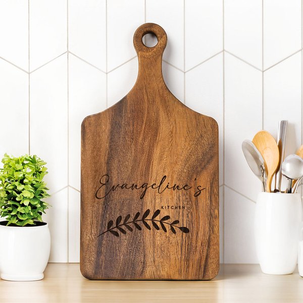 Personalized Engraved Kitchen Wood Charcuterie Cutting Board with Handle and Name Wedding Housewarming Gift for Family