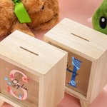 Personalised Cute Whale Sea Turtle Pufferfish Ocean Theme Clear Wooden Money Box Piggy Bank with Initial and Name Birthday Gift for Boys Girls