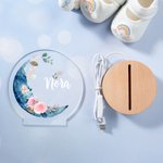 Personalisierte Mond florale Muster Kinderzimmer LED-Nachtlicht mit hölzernen Basis Name Kinderzimmer Dekoration Baby-Dusche Geburtstag Geschenk für Kind