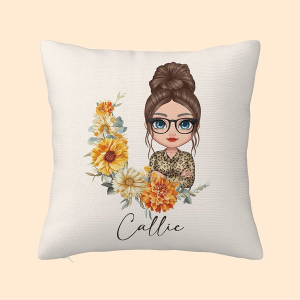 Personalized Birth Flower Wreath Cartoon Character Throw Pillow Cover with Name Home decor Birthday Family Gift for Mom Grandma