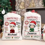 Gepersonaliseerde North Pole Special Overnight Service Cartoon Drawstring Santa Sack Kerst Gift Bag met naam Holiday Party Favors voor kinderen familie