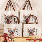 Personalisierte bunte Glitter Dots Bow Rentier Schneeflocke Leder Griff Canvas Tote Bag mit Namen Weihnachten Geburtstag Geschenk für Frauen Mädchen