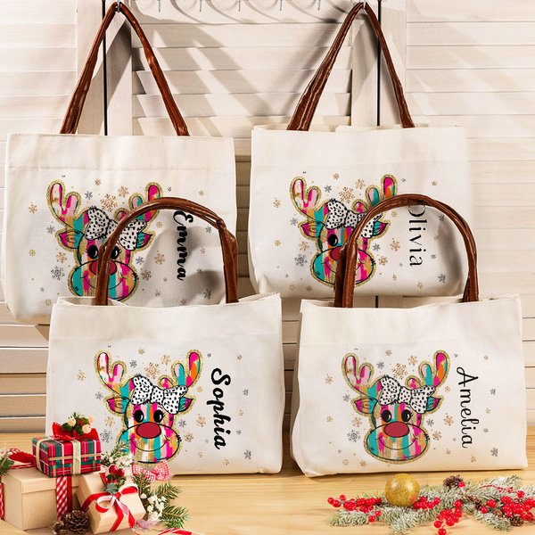 Personlig färgglad glitter prickar båge ren snöflinga läder handtag Canvas Tote väska med namn jul födelsedag present till kvinnor flickor