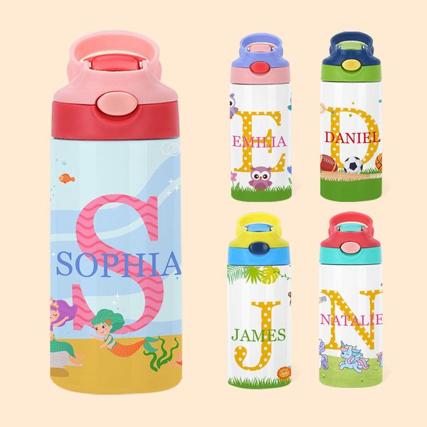 Bottiglia d'acqua isolata da 12 oz con iniziali e nome Regalo di compleanno per la scuola per ragazzi e ragazze