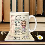 Personalized Retro Library Date Due Card Cartoon Girl Ceramic Mug and Coaster Set with Name Birthday Reading Club Gift for Book Lovers Women