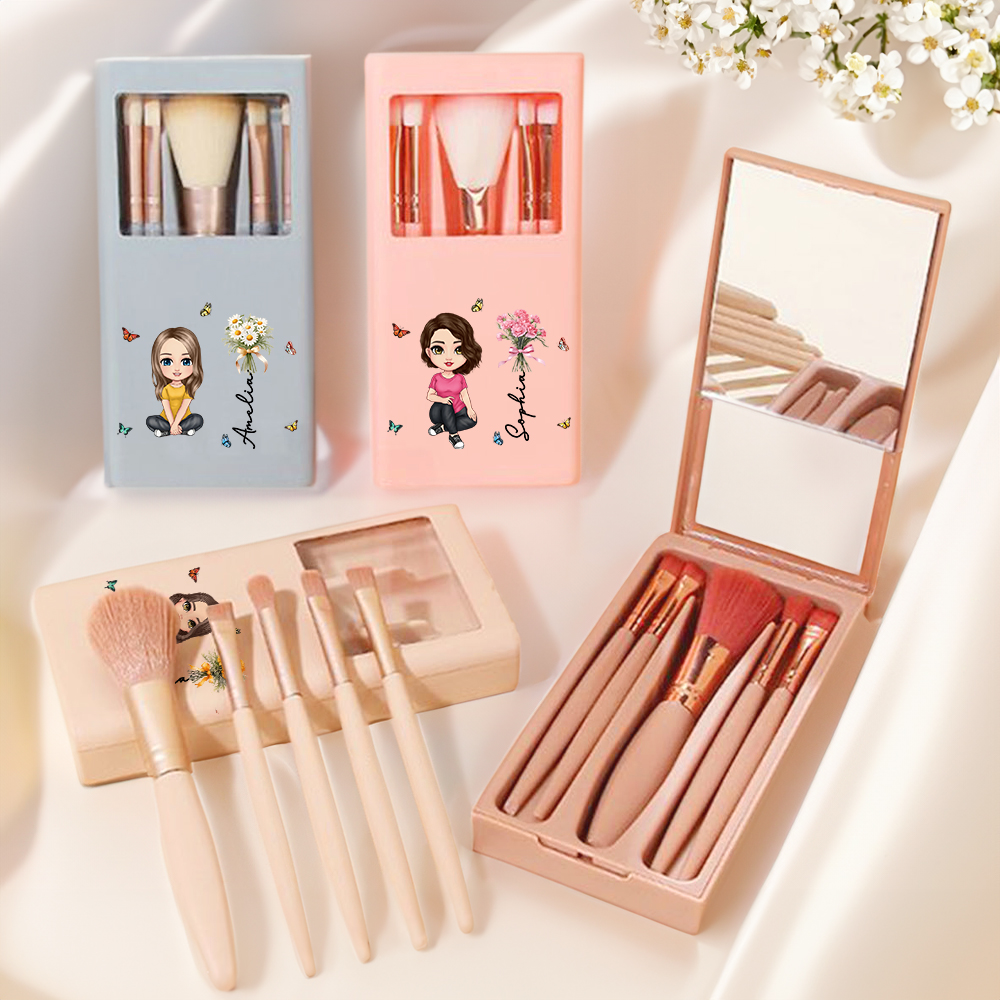 Set de 5 Pinceaux Maquillage Personnalisés de Personnage Fleur de Naissance Nom Boîte de Rangement avec Miroir Cadeau Anniversaire Mariage pour Femme