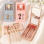 Personalized Birth Flower Bouquet Name Cartoon 5 Pcs Makeup Brush Travel Storage Box Set with Mirror Birthday Bridal Shower Gift for Women Girls