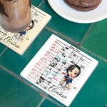 Personalized Retro Library Date Due Card Cartoon Girl Ceramic Mug and Coaster Set with Name Birthday Reading Club Gift for Book Lovers Women