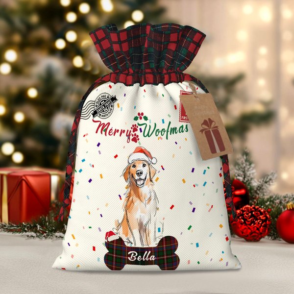 Gepersonaliseerde aquarel hulstkrans hondenportret Merry Woofmas Plaid Drawstring Santa Sack Gift Bag met naam Kerstfeest Favors voor hondenbezitters