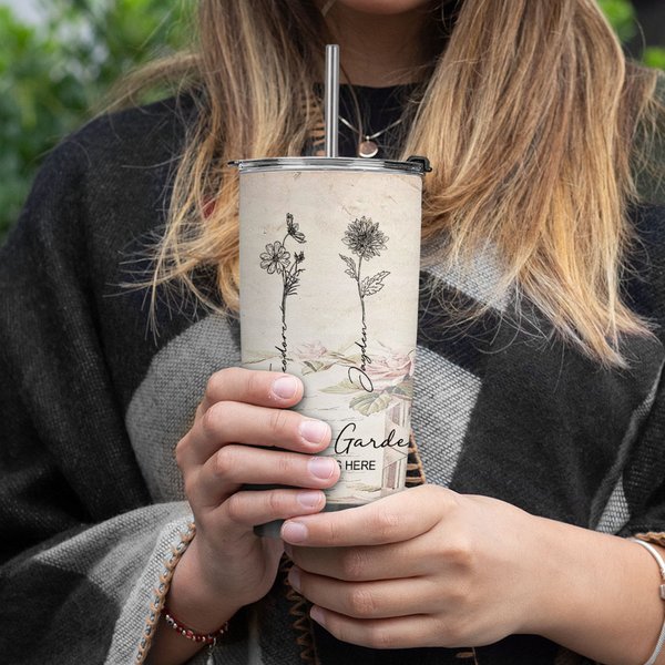 Personalizzato Nana's Garden 1-15 Bouquet di fiori di nascita 20 oz Tumbler con coperchio e spazzola per la pulizia della cannuccia Regalo di complean