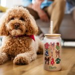 Personalized 1-3 Hand Drawn Christmas Dog Coquette Bow Design 20oz Glass Cup with Bamboo Lid and Straw Christmas Gift for Dog Lovers