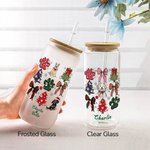 Personalized 1-3 Hand Drawn Christmas Dog Coquette Bow Design 20oz Glass Cup with Bamboo Lid and Straw Christmas Gift for Dog Lovers