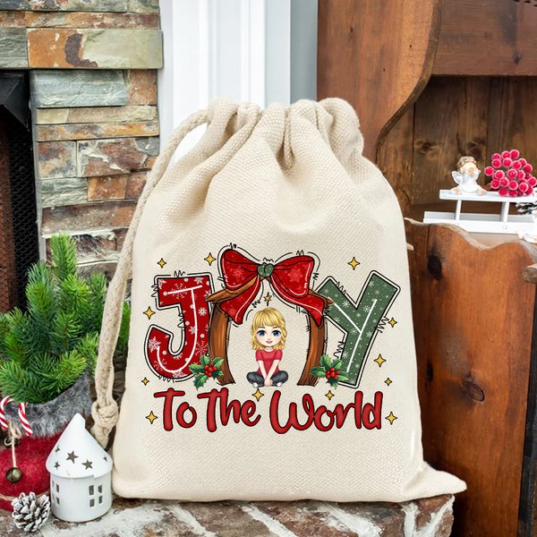 Sac cadeau personnalisé avec cordon de serrage Joy To the World Cartoon Character Christmas Party Birthday Gift for Family Friends