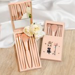 Personalized Birth Flower Bouquet Name Cartoon 5 Pcs Makeup Brush Travel Storage Box Set with Mirror Birthday Bridal Shower Gift for Women Girls