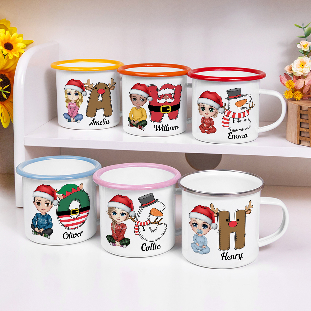 Tasse en émail à bord coloré 12oz avec nom Cadeau de Noël pour les enfants et la famille
