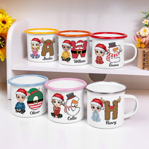 Personalized Santa Elf Reindeer Snowman Initial Cartoon 12oz Colored Rim Enamel Mug with Name Christmas Festival Gift for Kids Family