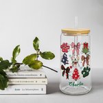Personalized 1-3 Hand Drawn Christmas Dog Coquette Bow Design 20oz Glass Cup with Bamboo Lid and Straw Christmas Gift for Dog Lovers