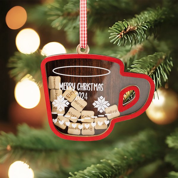 Tasse à café nordique en bois rouge personnalisée Ornement Marshmallows 3D Shaker Décoration de l'arbre de Noël Cadeau de Noël pour la famille