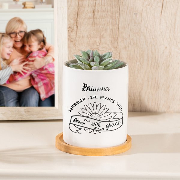 Gepersonaliseerde inspirerende bloemen keramiek Succulent Plant Pot met Naam en Bamboe Base Afstuderen Waardering Gift voor Leraar