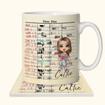 Personalized Retro Library Date Due Card Cartoon Girl Ceramic Mug and Coaster Set with Name Birthday Reading Club Gift for Book Lovers Women