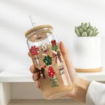 Personalized 1-3 Hand Drawn Christmas Dog Coquette Bow Design 20oz Glass Cup with Bamboo Lid and Straw Christmas Gift for Dog Lovers