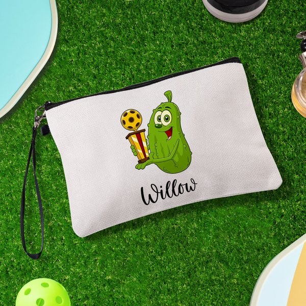 Personalized Cartoon Pickled Cucumber Pickleball Name Makeup Bag with Wristlet Gift for Pickleball Lovers