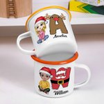 Personalized Santa Elf Reindeer Snowman Initial Cartoon 12oz Coloured Rim Enamel Mug with Name Christmas Festival Gift for Kids Family