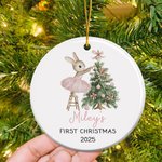 Personalized Pink Ballet Tutu Bunny Christmas Tree Ceramic Ornament with Name and Year Holiday Decor Baby Shower First Christmas Gift for Baby Girls
