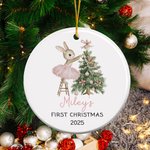 Personalized Pink Ballet Tutu Bunny Christmas Tree Ceramic Ornament with Name and Year Holiday Decor Baby Shower First Christmas Gift for Baby Girls