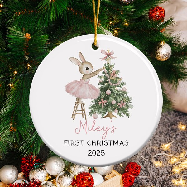 Personalised Pink Ballet Tutu Bunny Christmas Tree Ceramic Ornament with Name and Year Holiday Decor Baby Shower First Christmas Gift for Baby Girls