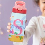 Gepersonaliseerde zeemeermin leeuw sportbal Kids Toddler 12oz geïsoleerde waterfles met initiaal en naam terug naar school verjaardagscadeau voor jong