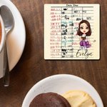 Personalized Retro Library Date Due Card Cartoon Girl Ceramic Mug and Coaster Set with Name Birthday Reading Club Gift for Book Lovers Women