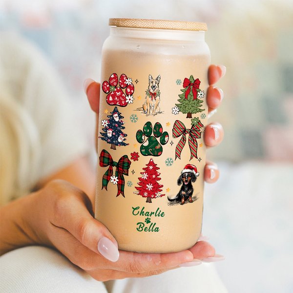 Personalisierte 1-3 Hand gezeichneten Weihnachtshund Coquette Bow Design 20oz Glasbecher mit Bambusdeckel und Strohhalm Weihnachtsgeschenk für Hundeli