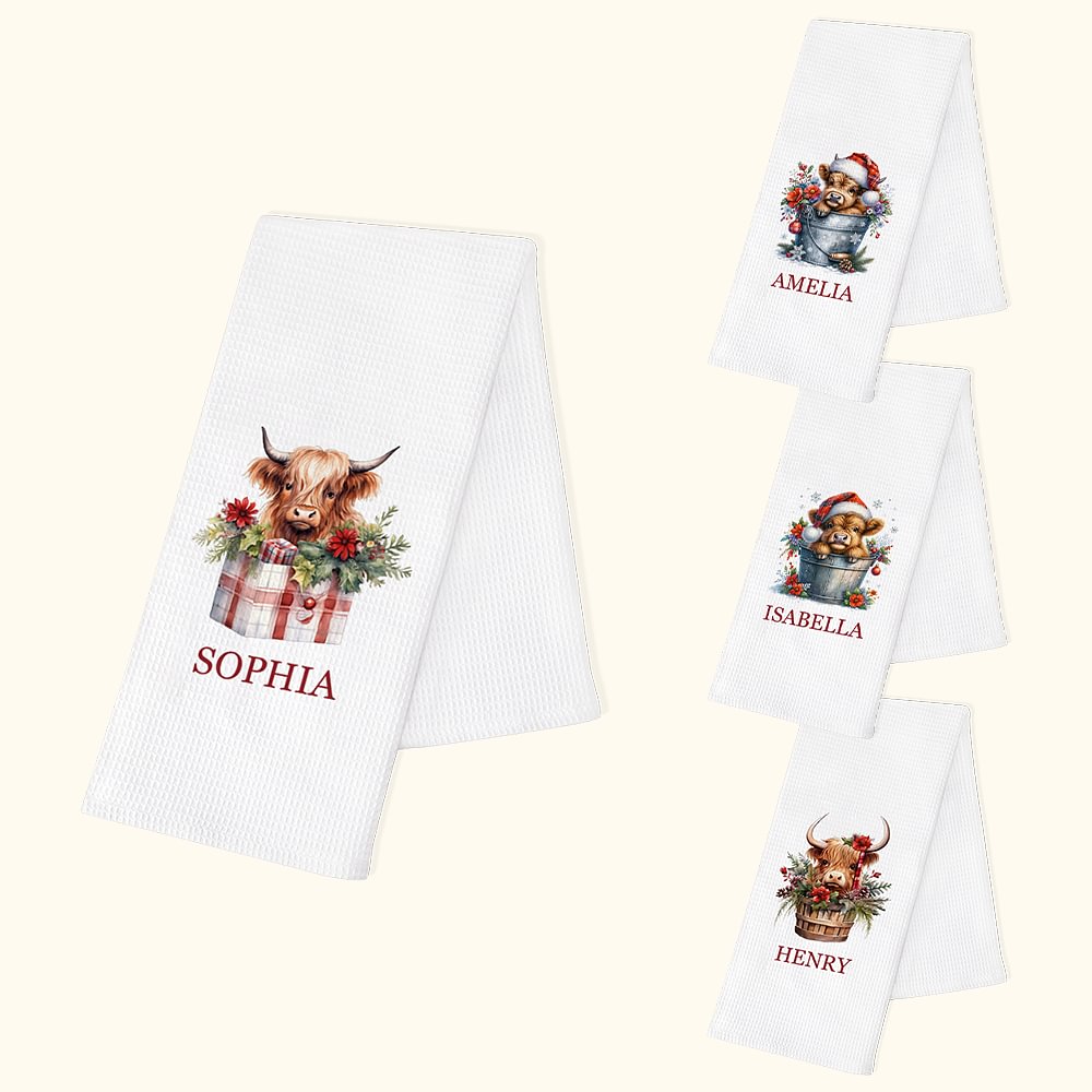 Serviette gaufrée en microfibres personnalisée avec nom, bonnet de père Noël, vache des Highlands, décor de cuisine, cadeau de Noël pour la famille et