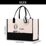 Gepersonaliseerde Leuke Cartoon Breiende Karakter Canvas Draagtas met Naam en Lint Kerstverjaardagscadeau voor Mam Oma Breiliefhebbers