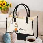 Gepersonaliseerde Leuke Cartoon Breiende Karakter Canvas Draagtas met Naam en Lint Kerstverjaardagscadeau voor Mam Oma Breiliefhebbers