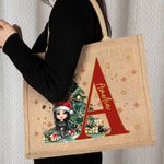 Albero di Natale personalizzato Piccolo elfo personaggio dei cartoni animati Borsa in iuta con iniziali e nome Regalo di Natale per la famiglia e i bambini