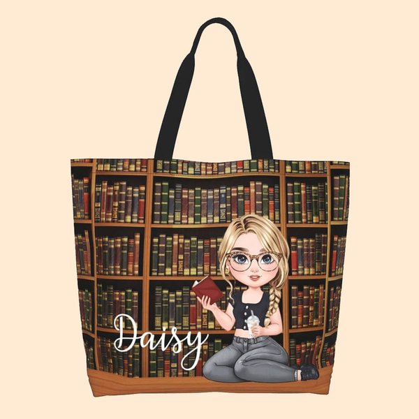 Borsa Tote personalizzata con nome e maniglia per la lettura di libri e gatti con cartone animato, regalo di compleanno e di laurea per gli amanti dei