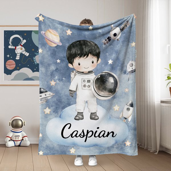 Couverture Polaire Sherpa Personnalisée avec Nom et Personnage d'Astronaute Cadeau d'Anniversaire pour Enfants Passionnés d'Espace