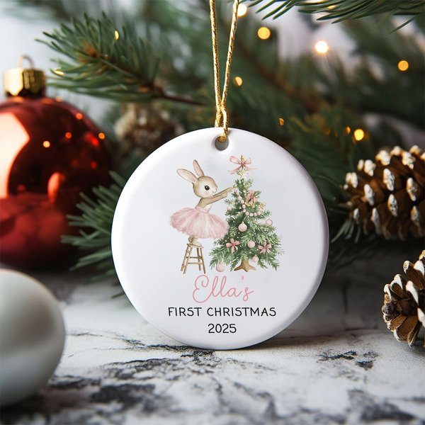 Personalized Pink Ballet Tutu Bunny Christmas Tree Ceramic Ornament with Name and Year Holiday Decor Baby Shower First Christmas Gift for Baby Girls