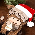 Personalized Cute Highland Cow Wooden Tabletop Decor with 12 Interchangeable Hats and Engraved Name Ear Tag Christmas Easter Gift for Cow Lovers
