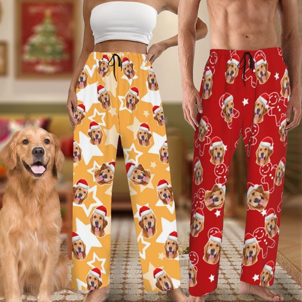 Gepersonaliseerde Zachte Kerstmuts Hond Kat Portret Lange Pyjamabroek met Zak Koord Kerstcadeau voor Huisdierliefhebber