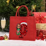 Gepersonaliseerde Cartoon Karakter op Gift Box rode Jute Tote Bag met naam en geruite kerstmuts initiële kerst partij Gunsten Gift voor kinderen famil