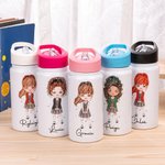 Botella de agua multicolor personalizada con nombre y asa para niños de 14 oz de dibujos animados Regalo de cumpleaños de vuelta al cole para niñas