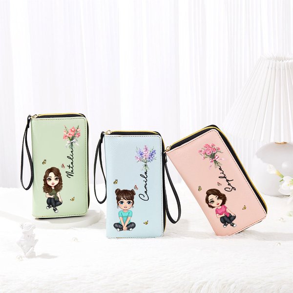 Personalized Birth Flower Cartoon Vegan Leather Wristlet Wallet with Multiple Compartments Mother's Day Wedding Bridesmaid Gift for Women Girls